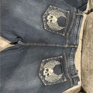 NEW Dark Blue Women's Jeans with Skull Wing Pocket Embroidery